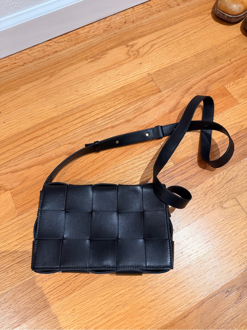 Woven Faux Leather Crossbody Bag - Black